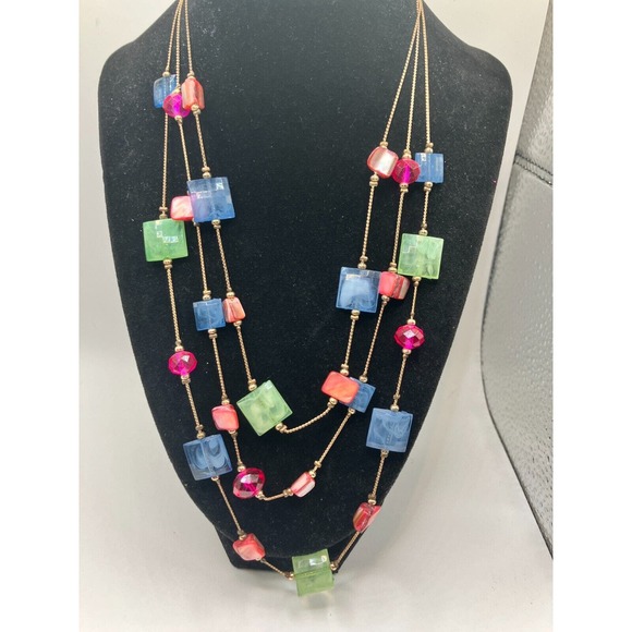 Marbled Multicolored 3 Strand Beaded 21 3/8 Inch Necklace! - Picture 2 of 7